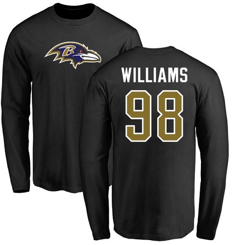 Men Baltimore Ravens Black Brandon Williams Name and Number Logo NFL Football #98 Long Sleeve T Shirt->nfl t-shirts->Sports Accessory